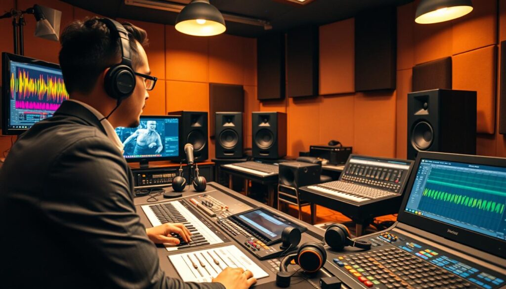 An audio mixing studio scene showing a professional sound engineer at work. In the foreground, the engineer, wearing professional business attire, is focused on a digital audio workstation displaying a complex array of colorful sound waveforms. In the middle ground, various audio mixing deliverables are laid out, including stems and M&E (Music and Effects) tracks, with headphones and microphones beside a soundboard. In the background, large speakers and acoustic panels create a cozy yet professional atmosphere. The lighting is warm and inviting, cast from overhead studio lamps, enhancing the creative mood. The perspective should be slightly elevated to showcase the entire workspace, creating an immersive experience reflecting the intricacies of sound design for festival mixes.
