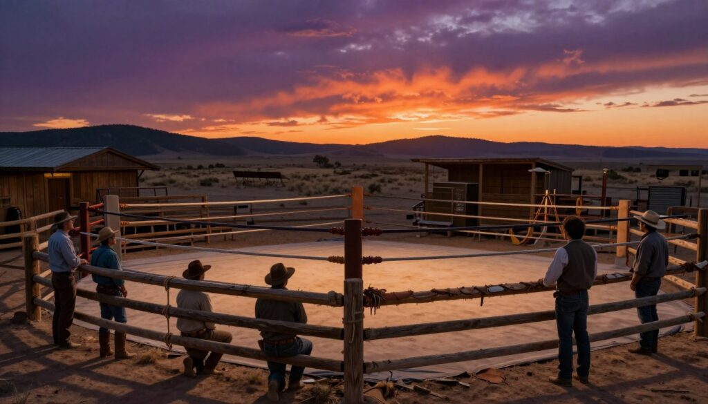 A boxing ring arena styled as a frontier corral, set in a dusty western landscape under a dramatic sunset. In the foreground, the boxing ring is surrounded by wooden fences, akin to a classic corral, with ropes made of weathered leather. A few spectators dressed in modest western attire are watching intently, capturing the essence of a sports noir atmosphere. In the middle ground, rustic wooden bleachers evoke the feel of an old saloon, while vintage gym equipment is visible, hinting at a gym's presence. The background features distant hills silhouetted against a vibrant orange and purple sky, adding depth. The lighting is warm, with shadows lengthening, creating an evocative, gritty mood reminiscent of classic westerns. The angle captures the ring from a slightly low perspective, enhancing the dramatic tension of the scene.