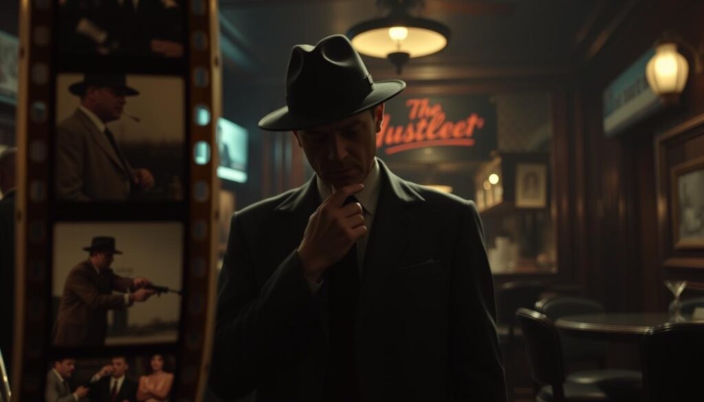 A cinematic homage to the signature films of celebrated blacklisted director Robert Rossen, focusing on "Body and Soul" and "The Hustler." In the foreground, a vintage film reel with iconic images from both films interspersed. The middle ground features a shadowy figure of a man in professional attire, deep in thought, embracing the noir aesthetic with a fedora and a cigarette. In the background, a dimly lit bar scene with moody lighting and rich, dark colors, highlighting the time period’s atmosphere. The overall mood is tense and reflective, embodying the political undertones of Rossen's work. The image is captured using a dramatic low angle to enhance the depth and intrigue, with soft diffused lighting emphasizing shadows and silhouettes.