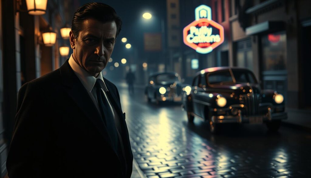 A classic noir scene capturing the essence of Robert Mitchum in a stylized, vintage manner. In the foreground, a moody, shadowy figure reminiscent of Mitchum, dressed in a sharp tailored black suit with a crisp white shirt and a dark tie, stands confidently with a cigarette in hand. His expression is brooding yet charismatic, embodying the aloofness of a film noir anti-hero. The middle ground features dimly lit street elements, like wet cobblestones reflecting faint streetlamp lights, creating an atmospheric depth. In the background, a vintage car is parked under the glow of a flickering neon sign, encapsulating the 1940s noir aesthetic. The overall lighting is low-key with high contrast shadows, evoking tension and mystery typical of classic noir films. Use a cinematic angle to enhance the dramatic effect.