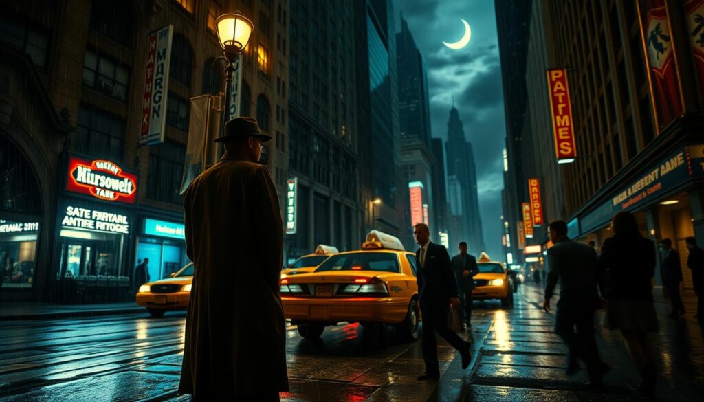 A dimly lit, atmospheric scene of neo-noir New York City at night, showcasing rain-soaked streets reflecting neon lights and vintage signage. In the foreground, a stylish figure in a trench coat stands under a flickering streetlamp, casting long shadows, embodying the essence of a detective lost in thought. In the middle, classic yellow taxis navigate through the slick streets, while blurred silhouettes of people in professional business attire hustle by, evoking a sense of urgency. The background features iconic skyscrapers looming against a moody sky, with wispy clouds drifting through crescent moonlight. Capture a cinematic angle with a slight low perspective, emphasizing the height of the buildings, creating an immersive, suspenseful atmosphere rich in tension and intrigue, resonating with Scorsese's stylistic themes.