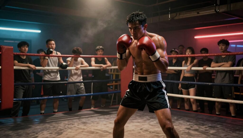A dimly lit boxing gym, where the tension of determinism and agency intertwines. In the foreground, a determined boxer in modest athletic wear stands in a classic fighting stance, sweat glistening on their brow. The middle ground features a vintage boxing ring, surrounded by a diverse group of spectators – each with expressions of hope, despair, and connection, highlighting themes of community versus isolation. In the background, smoky shadows evoke a nostalgic atmosphere, with flickering neon lights reflecting the modern arena's allure. The lighting casts dramatic shadows, emphasizing the raw emotion in the scene. A low-angle perspective captures the intensity of the moment, conveying the cost of spectacle against the backdrop of labor versus ownership inherent in the sport. The mood is charged, reflecting both struggle and camaraderie.