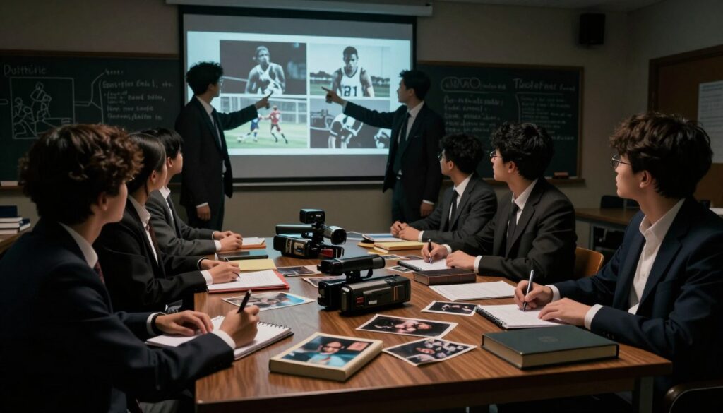A dimly lit classroom filled with shadows, where a group of students in professional business attire intensely analyze a scene from a sports biopic. In the foreground, a student with a notepad takes notes, while another points to a projector screen, displaying film stills with noir elements—dark lighting, dramatic angles, and stark contrasts emphasizing tension. In the middle ground, a large wooden table is cluttered with books, video recorders, and faded photographs, symbolizing the source-checking process. The background reveals a chalkboard filled with outlines and notes about truth and myth in sports narratives. The overall atmosphere is moody and contemplative, evoking a blend of scholarly rigor and cinematic intrigue, with key light illuminating faces and subtle shadows adding depth to the scene.