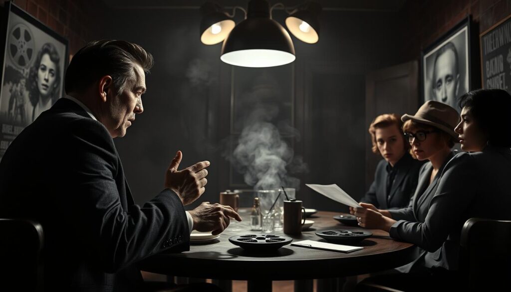 A dimly lit film noir set showcasing a roundtable discussion among several underrated film noir directors. In the foreground, a middle-aged man with slicked-back hair and a sharp suit passionately gesturing, while a woman in vintage attire takes notes. The middle ground features a smoky atmosphere with shadows dancing across a backdrop of vintage film reels and black-and-white movie posters. In the background, soft, low-key lighting creates a moody ambience, casting dramatic shadows that evoke intrigue and nostalgia. Use a low-angle perspective to enhance the sense of importance of these forgotten figures. The scene should capture both the seriousness of their craft and the overshadowed brilliance of their contributions to film noir.