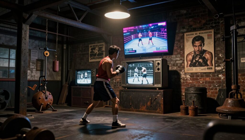 A dimly lit industrial gym with steel beams and exposed brick walls represents the gritty essence of classic sports noir. In the foreground, a lone athlete in professional attire is seen training, bathed in shadows from a single overhead light. The middle ground features vintage television sets displaying black-and-white footage of boxing matches, while high above, a modern neon-lit screen streams live sports, showcasing the evolution to contemporary viewing. Rusty equipment and old posters of legendary athletes adorn the walls, blending past with present. The atmosphere is thick with tension and nostalgia, evoking a sense of history intertwined with modernity. Use a cinematic angle to capture the depth and contrast between the eras, enhancing the moody ambiance.