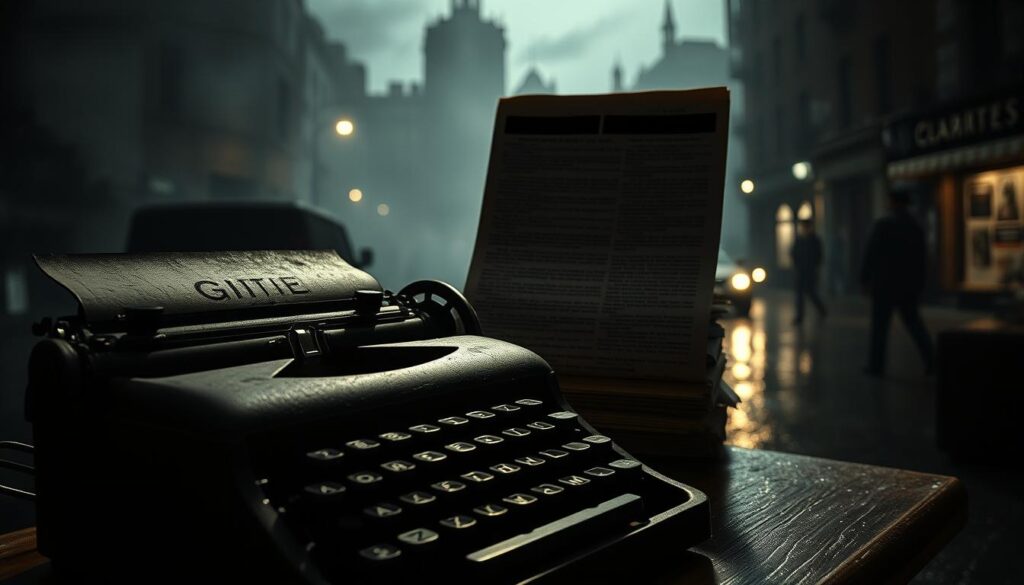 A dimly lit noir scene, evoking a sense of mystery and tension. In the foreground, a vintage typewriter sits on a weathered desk, its keys smudged with ink, hinting at abandoned, censored scripts. Shadows play across the typewriter, creating an eerie atmosphere. In the middle, a faded film reel rolls slowly, partially obscured by a stack of redacted pages displaying blacked-out text, symbolizing censorship's impact on storytelling. The background features a smoky cityscape, with silhouette buildings shrouded in darkness, and a low, sinister glow reflecting off rain-soaked pavement. The overall mood is heavy and contemplative, capturing the essence of how censorship altered the tone of noir cinema. Use soft, diffused lighting to enhance the somber atmosphere.