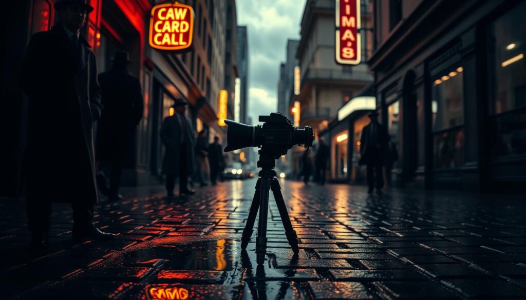 A dimly lit urban alleyway at dusk, embodying the essence of neo-noir with shrouded figures in sleek trench coats and fedoras, against a backdrop of rain-slicked cobblestone. The foreground features a reflective puddle capturing the glow of neon signs that flicker above. In the middle, a vintage film camera set on a tripod with an angled lens, showcasing a cinematic flair, while shadows loom strategically to evoke suspense. The background reveals towering buildings framed by a brooding sky, with scattered hints of smoke and urban grit enhancing the atmosphere. The overall lighting is moody, with high contrast between light and shadow, creating a sense of intrigue and nostalgia, reminiscent of classic film noir styles.