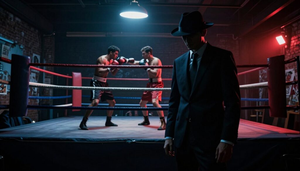 A dimly-lit urban sports arena at night, bathed in deep shadows and dramatic highlights reflecting the essence of sports noir. In the foreground, a lone figure in a tailored dark suit stands by the edge of the boxing ring, his face partially obscured by a fedora, exuding an air of mystery. The middle ground features a vintage boxing match in progress, with fighters throwing punches under harsh, contrasting spotlights. The background presents gritty brick walls adorned with peeling posters, and a flickering overhead light casts a haunting glow on the scene. The atmosphere is tense and evocative, utilizing high-contrast color grading with moody blues and stark reds, emphasizing the emotional weight of the narrative and the gritty ambiance of the sport.