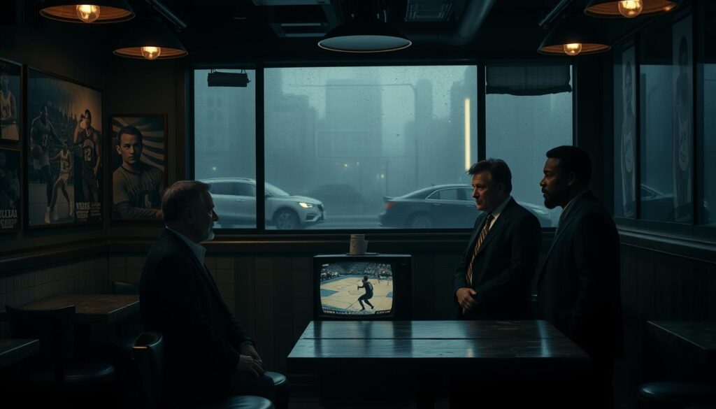 A dimly lit urban sports bar, capturing the essence of sports noir influences. In the foreground, a group of three diverse individuals in professional business attire, engaged in an intense conversation over a vintage basketball game on a small television screen. The middle ground features worn wooden tables and shadows cast by low-hanging industrial lights, creating a moody atmosphere. In the background, a wall adorned with black-and-white photographs of iconic athletes and gritty sports moments. A foggy window shows the silhouette of a rainy city street outside, blurring the line between the inside and the mystery outside. The overall color palette is dark with deep blues and grays, evoking a sense of nostalgia and tension within the sports narrative, balanced with focused highlights on the characters' expressions.