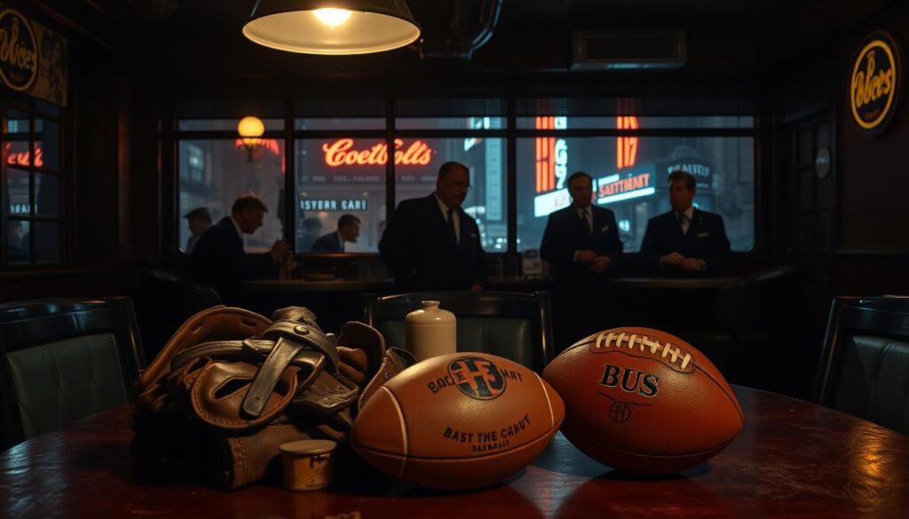 A dimly lit urban sports bar during the 1940s, evoking a sense of intrigue and tension. In the foreground, a table filled with vintage sports memorabilia, including worn-out baseball gloves and a weathered football, partially illuminated by a flickering overhead light. The middle ground features shadowy figures of men and women in professional attire, engaged in hushed conversations, their expressions reflecting wariness and suspicion. The background reveals partially obscured windows showcasing a rainy city night, with neon signs casting a moody glow. The scene is shot with a narrow depth of field to emphasize the foreground, using a cinematic angle that captures the essence of sports noir, blending themes of competition and secrecy. The overall atmosphere should feel tense and mysterious, inviting viewers into a world of surveillance and the unspoken rules of the game.