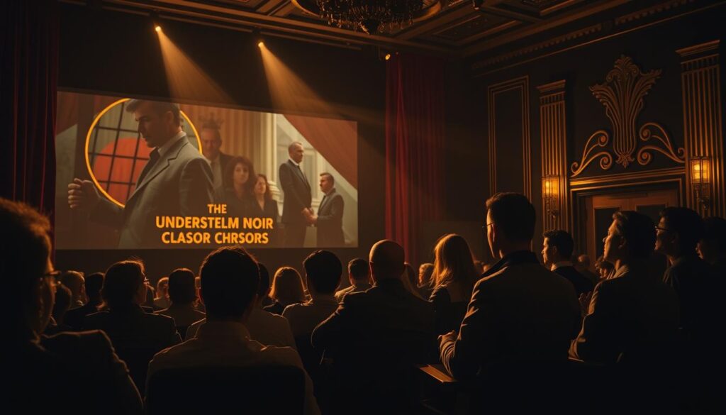 A dimly lit vintage movie theater, reflecting the essence of classic film noir, fills the foreground. On the screen, shadows dance, showcasing iconic scenes from underrated noir films, with a focus on dramatic lighting and mysterious figures. In the middle, a small group of modern critics, dressed in smart casual attire, engaged in animated discussion about these forgotten gems, illuminated by warm, soft light from a classic cinema marquee. In the background, a striking art deco design, complete with rich gold accents and ornate detailing, echoes the era of film noir. The atmosphere is infused with nostalgia and intrigue, evoking a mood of rediscovery, with beams of light casting stark shadows, encapsulating the striking contrasts emblematic of film noir. Use a wide-angle lens to capture the full depth of the scene.