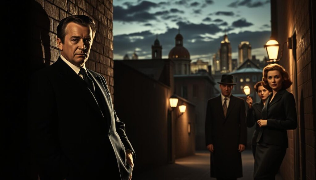 A dramatic film noir scene featuring Kirk Douglas alongside key co-stars from classic noir films, such as Burt Lancaster, Ava Gardner, and Gloria Grahame. The foreground includes Douglas in a sharp, tailored suit, confidently leaning against a shadowy brick wall, while his co-stars are arranged around him, dressed in 1940s-era clothing that conveys elegance and mystery. The middle ground has a dimly lit alleyway, with vintage lampposts casting long shadows. In the background, a classic city skyline is silhouetted against a moody, cloud-strewn night sky. Soft, low-key lighting enhances the intense expressions of the actors, creating a suspenseful and atmospheric ambiance typical of noir films, shot with a 50mm lens for rich detail and depth.