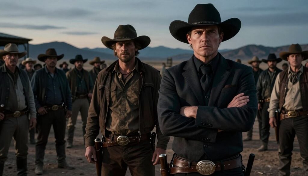 A dramatic portrayal of a justice system's code of honor in a gritty, noir-inspired frontier setting. In the foreground, a stern, sharply dressed lawman stands with arms crossed, embodying official justice, while a rugged, determined vigilante in workman’s attire looms slightly behind him, representing extralegal justice. The middle ground features a shadowy group of roaring crowds and gritty promoters, hinting at the chaos of mob justice. In the background, an expansive desert landscape under a dusky sky emphasizes tension, with distant mountains framing the scene. The lighting is dramatic, casting deep shadows and highlighting the faces of the characters, evoking a somber but tense atmosphere reminiscent of classic Western films. The perspective is low angle, enhancing the height and power of the figures, creating a compelling visual contrast between law and lawlessness.
