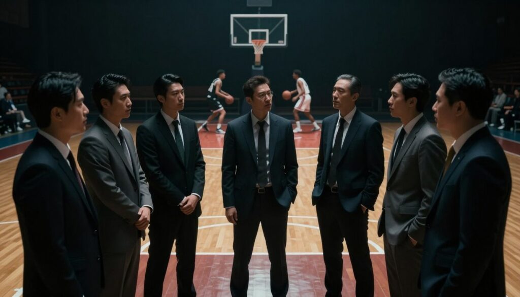 A dramatic scene depicting eight men in suits, gathered around a wooden basketball court, engaged in a tense discussion over a basketball game being played in the background. The foreground features the men sharply dressed in professional attire, their serious expressions reflecting the weight of their conversation regarding the basketball fix. In the middle, a dimly lit basketball court with a single spotlight illuminating the players, contrasting against the dark and moody atmosphere. The backdrop includes shadowy figures in the stands, contributing to a sense of suspense and intrigue. The lighting is low-key, using dramatic shadows and highlights to enhance the noir aesthetic. The overall mood is tense and foreboding, capturing the essence of sports noir and the intrigue of scandalous dealings in sports.