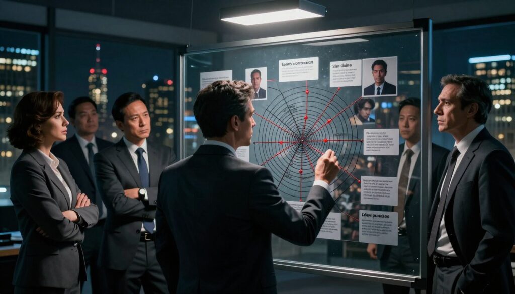A dramatic scene set in a dimly-lit, modern office environment, filled with tension and intrigue. In the foreground, a central character dressed in a sharp, professional suit studies a complex crime web on a glass board, showcasing interconnected lines, photographs of various individuals, and keynotes about leverage points in sports corruption. Surrounding them are middle-aged individuals, each adorned in business attire, engaged in intense discussion, conveying anxiety and urgency. The background features a city skyline illuminated by the glow of streetlights, hinting at the nighttime setting. Moody shadows accentuate the characters' expressions, while a single overhead light casts a focused beam on the crime web, emphasizing the critical analysis aspect. The overall atmosphere is one of suspense and complexity, capturing the essence of sports noir intertwined with crime thriller elements.