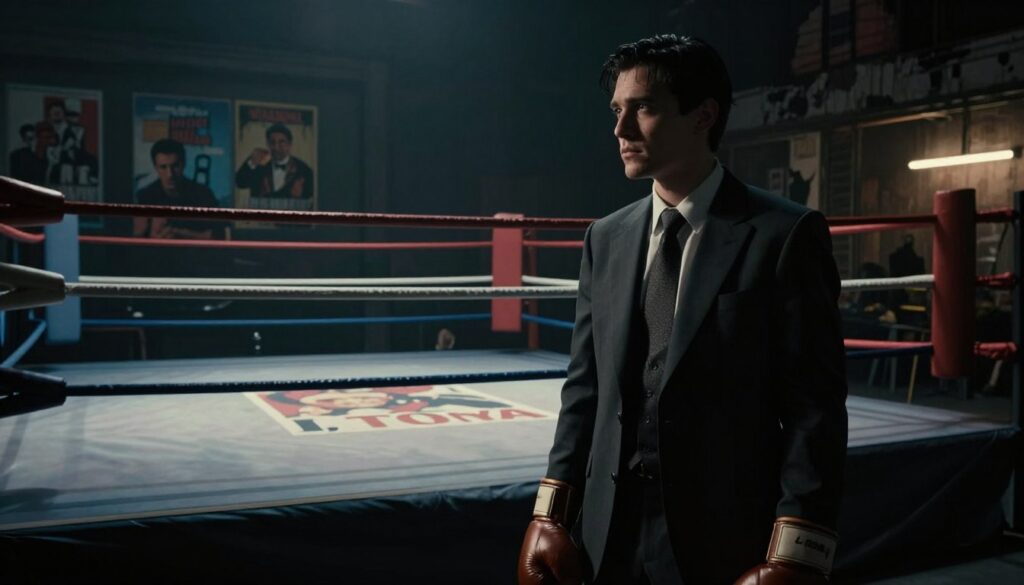 A dramatic sports noir scene with shadows and sharp contrasts. In the foreground, a tense figure in a sharp suit, holding a vintage boxing glove, staring pensively into the distance. The middle layer features a stylized boxing ring with reflections of iconic film posters like "Raging Bull" and "I, Tonya" on the slick canvas. In the background, silhouettes of a dimly lit urban setting, featuring crumbling buildings and flickering neon lights, evoke a sense of paranoia and wealth. The lighting is moody, with deep shadows and isolated highlights, reminiscent of classic noir films. The atmosphere is thick with suspense, reflecting the complexities of anti-heroes in sports narratives. Emphasize a cinematic angle, capturing the essence of a crime-riddled, darkly comic sports world.