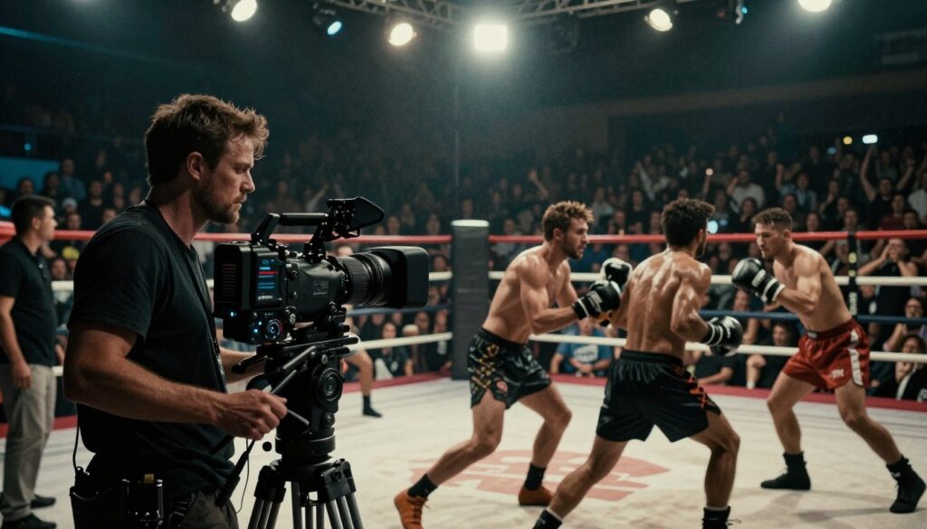 A dynamic sports noir scene showcasing a cinematic filming setup with a long lens capturing a crowded arena. In the foreground, a filmmaker operates a Steadicam, revealing a sense of fatigue as they follow a ringside action sequence. The middle ground highlights athletes engaged in an intense competition, their expressions reflecting determination, while the blurred crowd adds a feeling of excitement and urgency. The background features dramatic overhead lighting that casts shadows, enhancing the noir atmosphere. Subtle digital noise texture overlays the image, suggesting modern filmmaking techniques. The overall mood is tense and gritty, invoking the trademark style of sports noir.