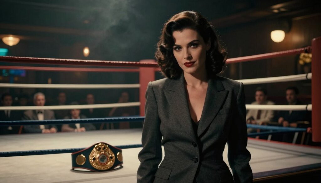 A femme fatale character stands confidently in a dimly lit, smoky sports bar, embodying the essence of sports noir. She wears a stylish, tailored suit that evokes sophistication and mystery. In the foreground, her intense gaze captivates the viewer, while a faint smile hints at intrigue. In the middle ground, a vintage boxing ring is partially visible, with the glimmer of a championship belt reflecting the low light. The background features shadowy figures of spectators, reminiscent of classic noir films, blurred to focus on the femme fatale. The lighting is dramatic, casting deep contrasts and highlighting her features. The atmosphere is thick with tension and allure, reminiscent of 1940s noir aesthetics. Aim for a cinematic angle, capturing the depth of the scene with a slightly tilted lens for an edgy effect.