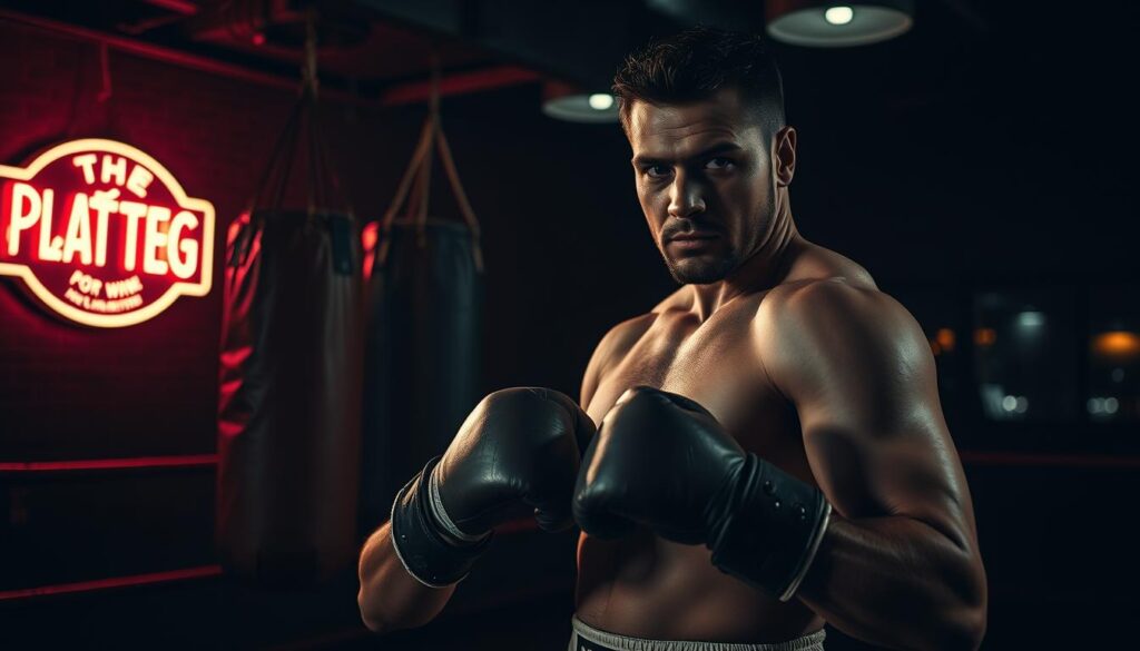 A gritty noir-inspired scene featuring a classic boxer archetype standing in a dimly lit gym, embodying the essence of determination and struggle. In the foreground, the boxer, clad in vintage boxing attire, has a chiseled jaw and intense expression, his fists wrapped in worn tape, hinting at past battles. The middle ground shows a weathered punching bag swaying gently, while shadows stretch across the floor from overhead lights casting a moody, low-key illumination. In the background, flickering neon signs from the city outside provide a contrasting vibrancy against the darkened interior. Capture the tension in the atmosphere, with soft focus around the edges to emphasize the subject. The composition should evoke themes of resilience, fate, and the weight of personal history, with a cinematic angle that draws the viewer into the narrative.