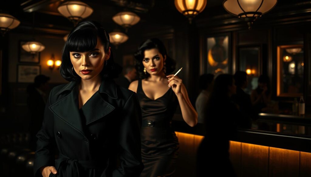 A group of iconic noir heroines stands confidently in a dimly lit jazz club, exuding strength and mystery. The foreground features a striking femme fatale with dark, sleek hair in a tailored black trench coat, her piercing gaze captivating the viewer. In the middle, another heroine leans against the bar, dressed in a vintage, elegant dress, a cigarette gently held between her fingers, creating a sense of intrigue. The background captures atmospheric shadows and low-hanging lights casting a warm glow, with silhouettes of patrons lost in conversation. The scene is framed from a slightly low angle, intensifying the dramatic effect. The overall mood is dark and moody, embodying the essence of classic noir, blending elegance with an air of danger.