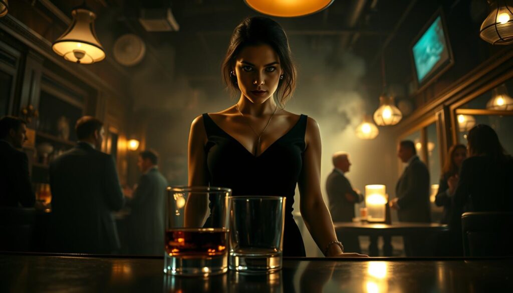 A mysterious femme fatale stands in a dimly lit, smoky bar, her piercing gaze fixed on an unseen target. She wears an elegant, form-fitting black dress that hints at sophistication, with subtle accessories reflecting her enigmatic charm. The foreground features a glass of whiskey, half-full, resting on the bar in front of her, capturing the mood of tension and intrigue. In the middle ground, various shadowy patrons are engaged in hushed conversations, their silhouettes blurred to emphasize the femme fatale’s prominence. The background showcases vintage bar décor, with soft, warm lighting casting shadows that create an atmosphere of suspense. The image is shot from a low angle, accentuating her dominant presence, evoking a sense of danger and allure in a noir aesthetic.