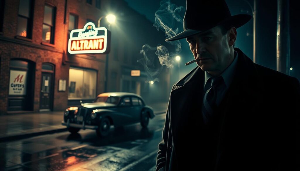 A shadowy urban street scene inspired by classic noir films, featuring a well-dressed detective in a tailored overcoat and fedora, standing under a flickering streetlamp. The foreground captures the detective's contemplative expression, highlighting his rugged features and cigarette smoke swirling in the night air. In the middle ground, a vintage car is parked beside a brick building with a neon sign casting an eerie glow. The background consists of rain-slicked pavements reflecting the light, with a misty ambiance that evokes mystery. Soft chiaroscuro lighting enhances the moody atmosphere, while the camera angle is low, creating a sense of drama and intrigue. The overall tone of the image is brooding and cinematic, echoing the influence of Robert Mitchum on the neo-noir genre.