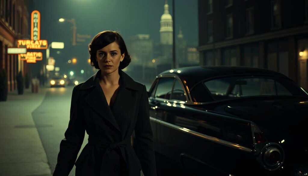 A vintage 1947 noir film scene depicting the cultural impact of the genre, set in a dimly lit city street at night. In the foreground, a stylishly dressed woman with a classic haircut, wearing a sleek trench coat, is walking determinedly, holding a cigarette. In the middle ground, a classic black car is parked with shadows playing across its sleek surface, alluding to mystery. In the background, an urban skyline silhouette emerges with glowing neon signs that suggest the excitement of nightlife. The lighting is moody, with soft contrasts of light and shadow, creating a sense of intrigue. Use a cinematic angle, reminiscent of film noir cinematography, to enhance the dramatic atmosphere of the scene.