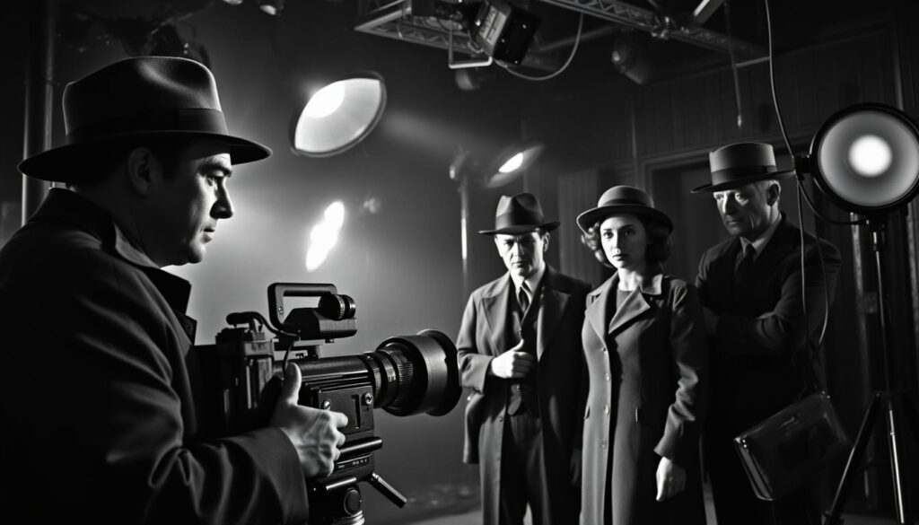 A vintage black-and-white scene capturing the essence of early noir filmmaking, featuring a dimly-lit film set with strong contrasts of light and shadow. In the foreground, a director in professional attire, with a fedora and a focused expression, operates an old film camera. In the middle, actors dressed in vintage 1940s attire portray intense characters, their expressions steeped in mystery and intrigue. The background shows a classic film studio with large lights and hanging cables, creating an authentic ambiance. The lighting is dramatic, with harsh shadows and soft highlights emphasizing the tension of the scene. The angle is slightly tilted, adding to the sense of unease typical in noir films, evoking a mood of suspense and political undercurrents within the narrative.