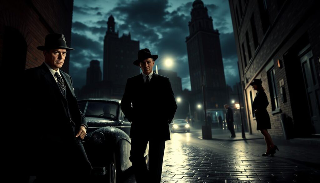 Film noir scene featuring two classic Hollywood stars inspired by Kirk Douglas, dressed in polished 1940s suits with fedoras. In the foreground, the male lead leans against a vintage car, casting a long shadow, with an intense expression, while the female lead stands next to him with a mysterious allure. The middle ground features a dimly lit alley with old brick walls, flickering street lamps, and rain-slicked cobblestones reflecting the light. The background includes silhouettes of tall buildings looming under a night sky filled with dramatic clouds. Use low-key lighting to accentuate the contrast of shadows and highlights, with a shallow depth of field to focus on the characters. The atmosphere is tense and moody, evoking suspense and intrigue.