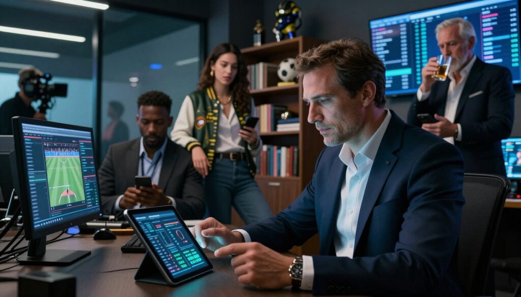 In a dimly lit, modern urban sports agency office, visualize a data-driven sports agent in a sharp suit, examining analytics on a sleek tablet, his focused expression illuminated by soft neon lights. In the mid-ground, an influencer partner with trendy attire leans casually against a bookshelf filled with sports memorabilia, engaging in a video call. Nearby, a sportsbook “whale” in a luxury suit checks his phone while sipping an expensive drink, exuding an air of confidence and power. Captured from a low angle to emphasize their stature, the scene evokes a blend of ambition and intrigue. The background hints at the hustle of a docu-crew, visible through frosted glass, documenting the interactions, while an aging athlete with a reflective gaze stands in the corner, contemplating his career, set against a backdrop of high-tech screens displaying stats and games.