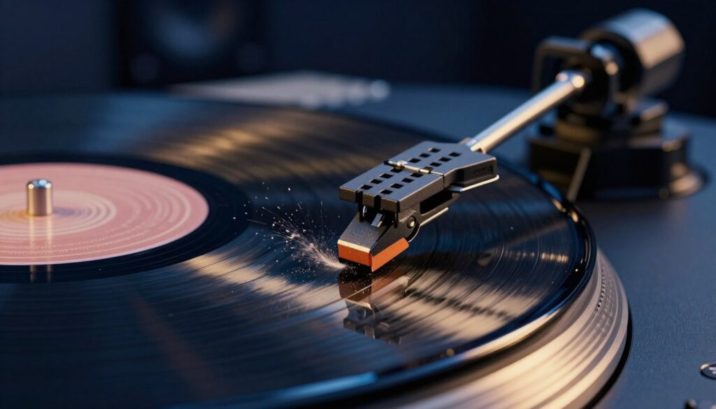 A close-up of a vinyl record player needle delicately lowering onto a spinning vinyl record, capturing the moment of contact with a vivid splash of dust particles illuminated by soft, warm lighting. In the foreground, the needle glistens with precision, showcasing intricate details of its metallic design. The middle ground features the textured vinyl surface, grooves visible and slightly reflecting light, enhancing the sense of realism. In the background, blurred visuals of ambient sound equipment and synth pads create an atmospheric blend, evoking a modern musical environment. The overall mood is rich and immersive, with a palette of deep blues and blacks, punctuated by warm golden highlights, embodying the fusion of sound and tranquility. The angle is low, capturing the essence of artistry in music production.