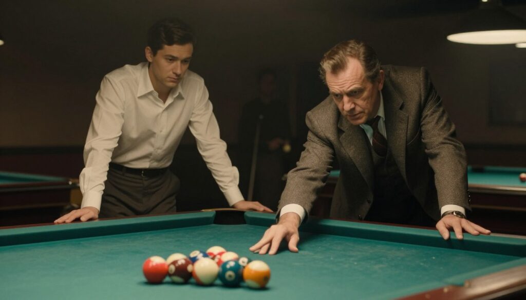 A dimly lit, smoky billiards hall captures the essence of 1960s noir, reflecting the grit and determination of two characters engaged in a high-stakes pool game. In the foreground, a middle-aged man in a classic tailored suit leans over a pool table, his furrowed brow suggesting concentration and ambition. Beside him, a younger protégé in a smart casual outfit watches intently, embodying the role of a mentor. The middle ground features the worn green felt of the table, with colorful billiard balls arranged in a triangle, symbolizing competition and capitalism. The background reveals a blurred glimpse of shadowy figures, evoking rivalry and tension. Use soft, ambient lighting to create a moody atmosphere, reminiscent of Martin Scorsese’s cinematic style, with a slightly grainy texture to enhance the vintage feel. Capture the essence of mentorship amidst the backdrop of a competitive world.