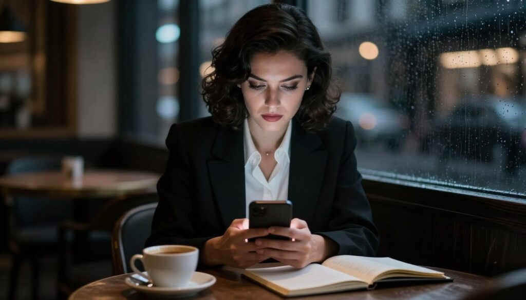 A modern femme fatale sits at a sleek, dimly lit café table, her focused gaze fixed on the glowing screen of her smartphone, capturing the essence of neo-noir. In the foreground, a hand elegantly cradles the device, illuminated by an alluring soft light that contrasts with the shadows enveloping her figure. She wears a tailored black blazer over a white blouse, embodying sophistication and mystery. In the middle, coffee cups and an open notebook hint at creativity and contemplation. The background reveals blurred city lights through a rain-streaked window, enhancing the moody atmosphere. The scene is shot with a shallow depth of field to emphasize her as the central figure, evoking intrigue and tension, with a cinematic, dramatic flair that invites curiosity.