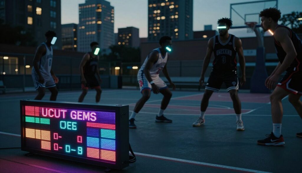 A modern neo-noir scene capturing the essence of “Uncut Gems” lighting. In the foreground, a sleek LED scoreboard glows with vibrant colors, displaying dynamic stats. The middle features a textured basketball court, with players in professional athletic attire engaged in intense action, their faces lit from below by glowing phone screens that also add a stylistic narrative element. The background consists of a slightly blurred urban landscape, showcasing tall buildings and city lights under a twilight sky, creating a moody atmosphere filled with tension. The composition emphasizes dramatic contrasts between light and shadow, with a focus on sharp angles and deep colors, evoking the contemporary aesthetic of neo-noir films.