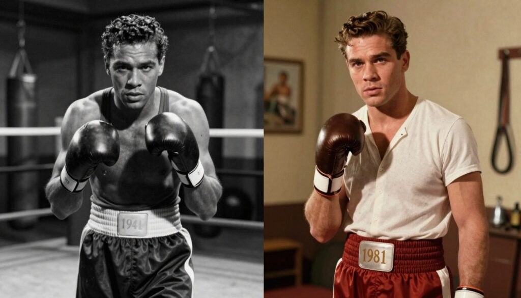 A split-screen comparison of two distinct cinematic interpretations of "Body and Soul," highlighting the differences between the 1947 and 1981 versions. On the left, a black-and-white scene from the 1947 film, featuring a classic boxing gym backdrop. The atmosphere is gritty, with dim lighting casting deep shadows, enhancing a tone of struggle and redemption. An intense boxer in professional attire practices in the foreground, showing determination on his face. The right side showcases the vibrant palette of the 1981 film, using warm colors that give a more approachable vibe. In this scene, the boxer appears more polished and confident, surrounded by modern gym decor. Capture the essence of change by reflecting shifts in tone, politics, and reception without including any text or captions. The composition should maintain a cohesive flow, revealing a profound commentary on evolution in cinematic storytelling.