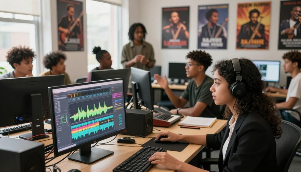 A vibrant classroom scene depicting sound design activity centered on editing rhythms, featuring diverse individuals collaborating at computers and using sound editing software. In the foreground, a focused young woman wearing professional attire analyzes waveform patterns on a screen, with colorful peaks and valleys representing various musical styles. In the middle, a group discusses their thoughts animatedly, surrounded by music production equipment like microphones and synthesizers. The background showcases large posters of jazz and trap music artists, adding to the creative atmosphere. Natural light pours in from large windows, creating a warm and inspiring ambiance, while a slight lens blur adds depth to the scene. The overall mood is energetic and collaborative, reflecting the dynamic nature of sound editing and the fusion of different musical genres.