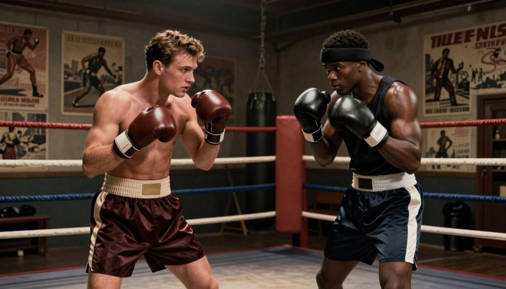 A visually striking composition illustrating the theme of classic versus modern sports noir pairings. In the foreground, a classic film noir scene featuring a vintage boxing ring, with a strong, determined boxer in 1940s-style trunks and gloves, showcasing a focused expression. Beside him, a modern boxer in a sleek, contemporary outfit and headband, appearing intense and ready for action. The middle ground displays an atmospheric dim-lit gym with dramatic shadows and vintage boxing posters on the walls, creating a moody noir ambiance. The background features nostalgic cityscapes, hinting at the juxtaposition of past and present. The lighting is low-key, emphasizing contrasts and highlighting the emotions of the boxers. Capture the mood of rivalry and perseverance, evoking a sense of timeless struggle in the sport of boxing.